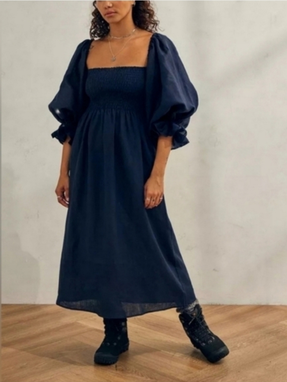 Sleeper. 100% linen atlanta midi dress in navy blue, large - Picture 3 of 14